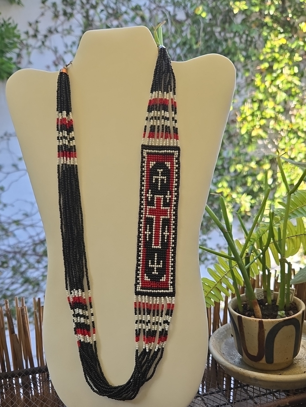Handmade Beaded Cross Pendant Necklace - Black, Red & White
